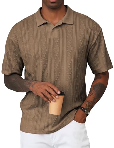 JMIERR Polo Shirts for Men Classic Fit Short Sleeve Loose Casual Soft Button Old Money Textured Cable Knit Shirt Quiet Luxury Clothes, XL, Khaki