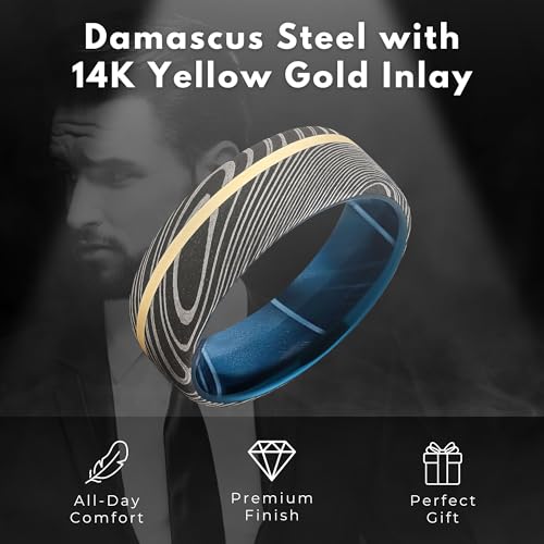 The Jewelry Source Men’s 7mm Damascus Steel Ring with 14K Gold Inlay – Ocean Blue Sleeve (4.5)