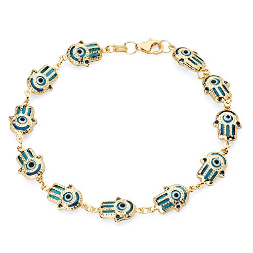 14k REAL Yellow Gold Hamsa Blue Evil Eye Bracelet - 7.5"