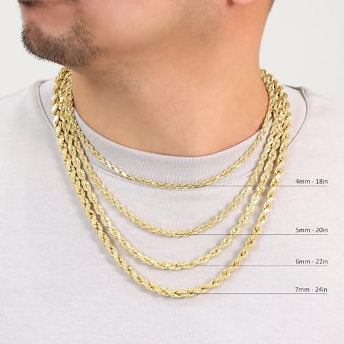 Nuragold 14K Real Yellow Gold Rope Chain Diamond Cut Necklace Men & Women - 6mm,24"