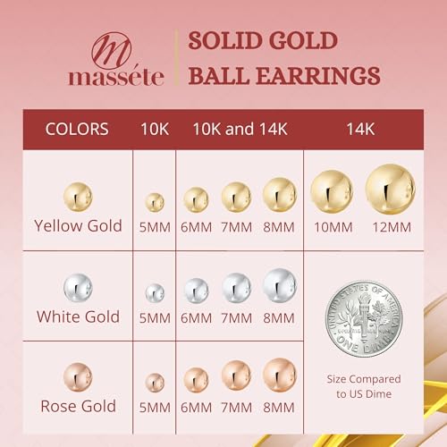 MASSETE 10k White Gold Ball Stud Earrings for Women and Girls Nickel Free 5mm