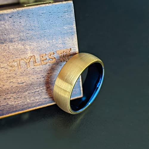 14K Yellow Gold Tungsten Rings for Men Gold Wedding Band with Blue Interior Unique Gifts for Him 8mm Promise Ring