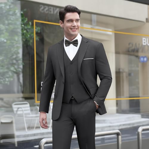 LUPURTY Men's One Button 3-Piece Suits Slim Fit Tuxedo Set with Blazer Jacket Vest & Pants for Wedding Prom Business,Dark Grey M