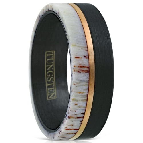 King's Cross Exquisite 8mm Brushed Finish Black Tungsten Carbide Flat Band Ring with Rose Gold Stripe and Raw Speckled White Deer Antler Inlay. (Tungsten (8mm), 11) White/Wood/Horn/Antler/Brown/Tan