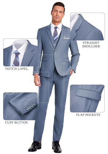 Mrbuerly Men Suit 3 Pieces Slim Fit, Denim Blue Prom Men's Suits Blazer Vest Pants Formal Wedding Groomsmen Jacket-XXL4640