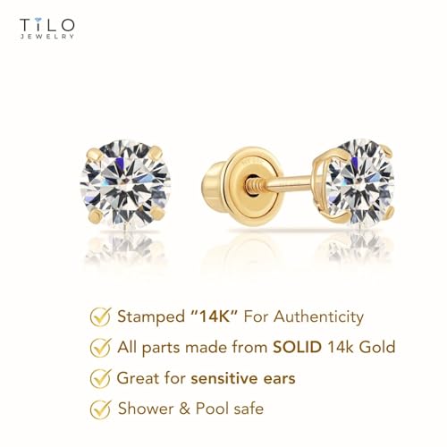 14k Yellow Gold Solitaire Round Cubic Zirconia Stud Earrings Screw-back 4mm