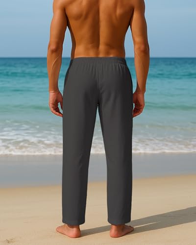 BUXKR Men's Linen Pants Beach Casual Cotton Summer Lightweight Elastic Waist Drawstring with Deep Pockets Dark Grey