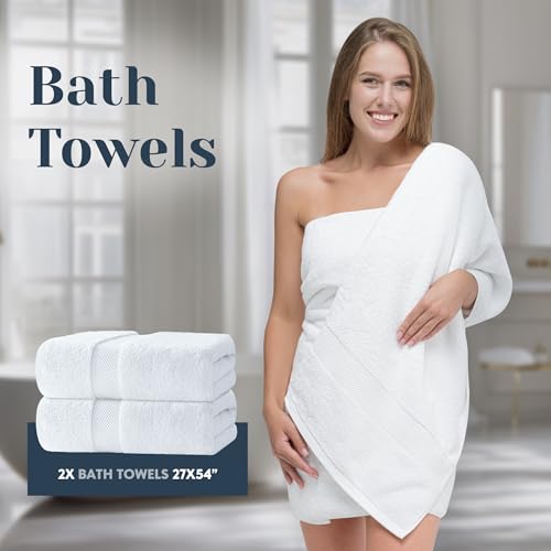 Luxury White Bath Towel Set of 8 Pieces - 100% Turkish Cotton 700 GSM Highly Absorbent Towels for Bathroom, 2 Bath Towels, 2 Hand Towels, 4 Washcloths
