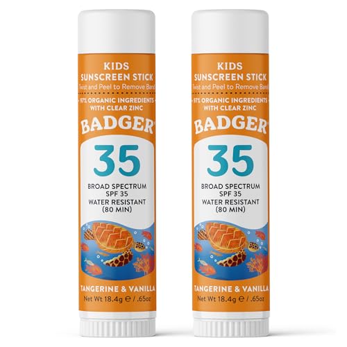Badger Mineral Kids Sunscreen Face Stick SPF 35, Zinc Oxide Travel Size Sunscreen Stick for Kids, 97% Organic Ingredients, Reef Safe, Water Resistant, .65 oz, 2-Pack