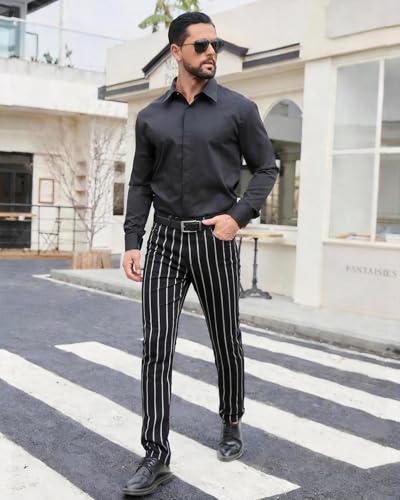 TENGINE Plaid Pants for Men, Mens Skinny Stretch Slim fit Chinos Golf Business Dress Casual Pants BlackStripe-34