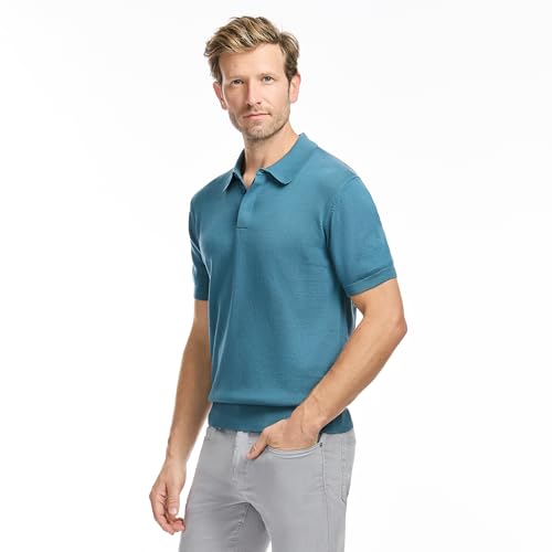 SAKS Fifth Avenue Men's Short Sleeve Rib Knit Sweater Polo, Premium Cotton Blend Knit Top, Classic-Fit & Richly Detailed, Teal, M