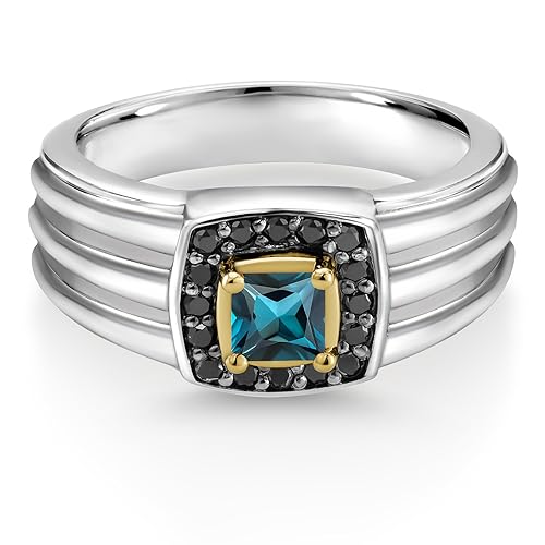 Gem Stone King Men's 925 Sterling Silver and 10K Yellow Gold 4MM Princess Gemstone Birthstone and Black Diamond Ring Available In Size 7, 8, 9, 10, 11, 12, 13