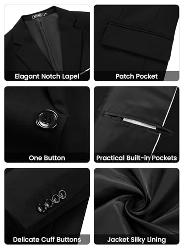 WULFUL Mens Suit 3 Piece Slim Fit Suits for Men One Button Blazer Jacket Pants Tuxedo Suit Set for Prom, Wedding and Business Black