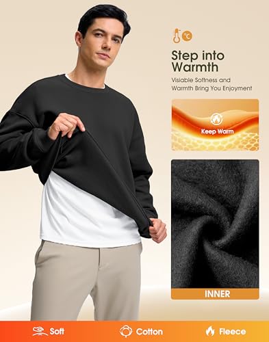 Soothfeel Mens Fleece Lined Crewneck Sweatshirt Cotton Pullover Sweater Athletic Workout Casual Oversized Warm Shirts for Men Black M