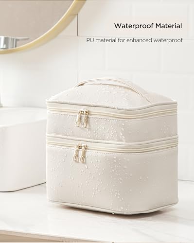 HBlife Double Layer Travel Makeup Bag Portable Cute Leather Cosmetic Bag Large Make Up Bag Makeup Case Organizer Toiletry Bag for Women Girls with Handle and Removable Divider(Beige)