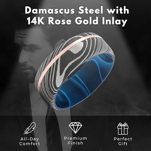 8mm Damascus Steel Men’s Wedding Band – 14K Rose Gold Inlay – Blue Ocean Sports Sleeve – Comfort Fit Ring with Etched Black Grain Pattern (9)