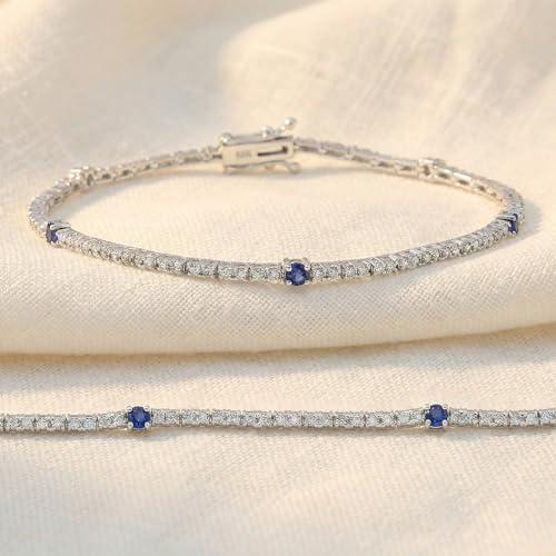 Pompeii 1 1/10 Ct Diamond & Blue Sapphire Tennis Bracelet 14k White Gold 7" Lab Grown (G/H,VS)