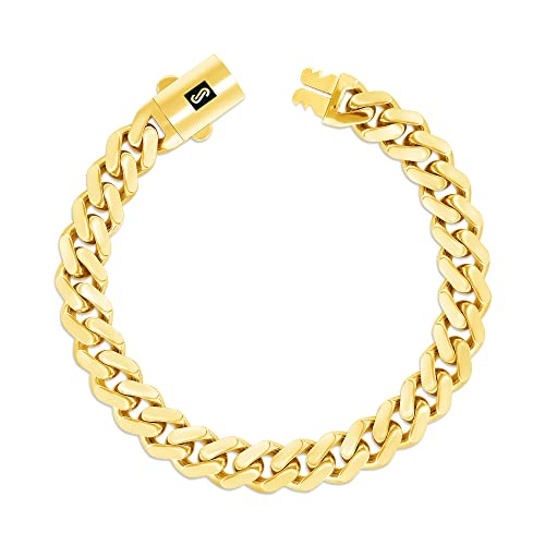Nuragold 14k Yellow Gold 9mm Royal Monaco Miami Cuban Link Chain Bracelet, Mens Womens Fancy Box Clasp 7" 7.5" 8" 8.5" 9"