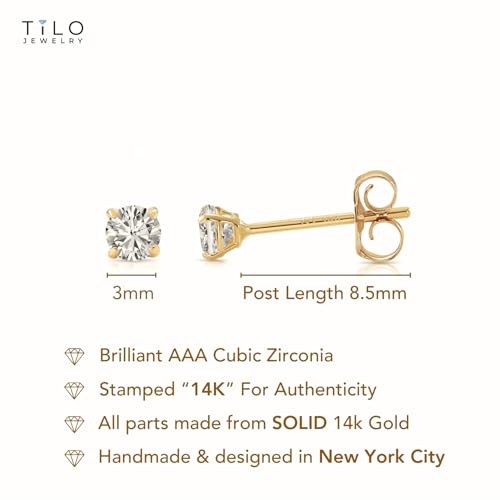 14k Yellow Gold Solitaire Round Cubic Zirconia Stud Earrings Pushbacks 3mm