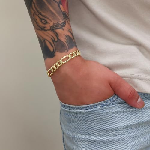Nuragold 14k Real Yellow Gold Figaro Link 7.5mm Chain Bracelet (7"-9") - 8.5"