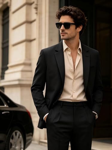 Men's Classical Business Suit, 2 Piece Set Regular Fit Casual Blazer Jacket Pants, Formal Dress Suit for Elegant Gentleman Men, Single Breasted Notch Lapel Tuxedo for Wedding Prom - Black