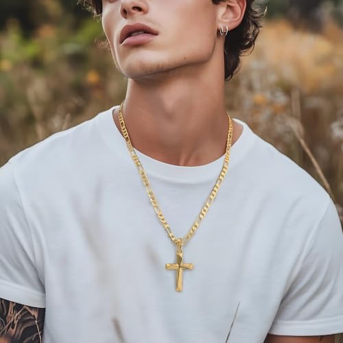 GLOSOLE Cross Necklace 14K Gold Cross Necklace for Men 24in