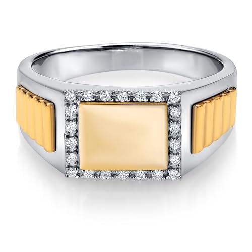 Gem Stone King White Lab Grown Diamond Ring For Men | 925 Silver and 10K Yellow Gold | 0.15 Cttw | 9.5MM Width | Size 8