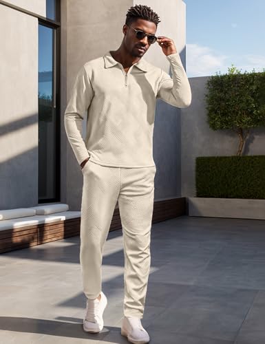 UOUA Mens 2 Piece Set Casual Outfits Polo Long Sleeve Shirt & Pants Track Suit Loungewear Athletic Sweatsuit Beige L