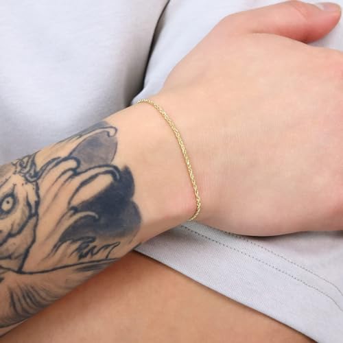 Nuragold 14k Real Yellow Gold Rope Chain Solid Diamond Cut Bracelet - 1.5mm - 9"