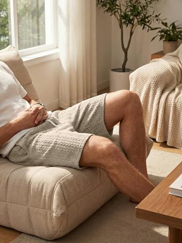 JMIERR Men's Casual Essentials Shorts Cable Knit Textured Elastic Waist Drawstring Shorts with Pockets for All Day Comfort, Light French Beige, XX-Large
