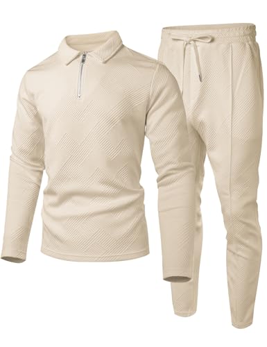 UOUA Mens 2 Piece Set Casual Outfits Polo Long Sleeve Shirt & Pants Track Suit Loungewear Athletic Sweatsuit Beige L