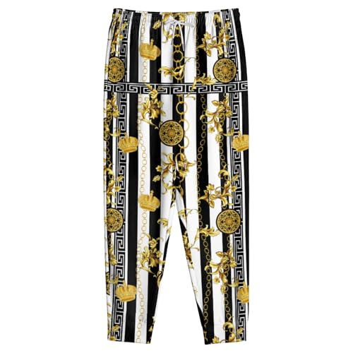 Erdomir Mens Luxury Sweatpants Black Gold Chain Print Pants Baroque Casual Design Joggers with Drawstrings L