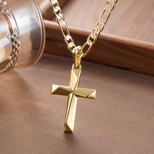 GLOSOLE Cross Necklace 14K Gold Cross Necklace for Men 24in