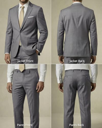 YND Men's 2 Piece Suit with Tie, One Button Slim Fit Solid Jacket and Pants Set, Suits for Men Prom Party Wedding & Business, Light Grey