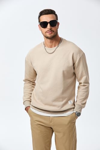 JMIERR Men's Crewneck Sweatshirt Casual Long Sleeve Geometric Texture Sweatshirts Fashion Fall Winter Pullover Shirts, US46(XL), 01 Beige