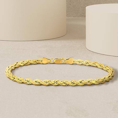 Abbie+Cleo 10K Real Gold Rope Chain Bracelet for Men and Women - Cadena de Oro para Hombres y Mujeres - (10k - 4mm - 9 Inch)