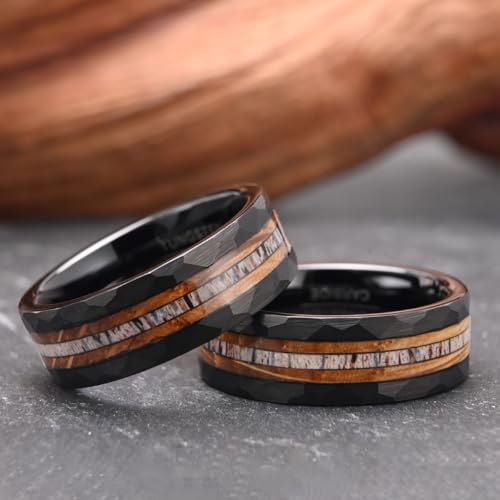 Concept Knight Tungsten Rings for Men Black Whisky barrel wood＆antlers ring