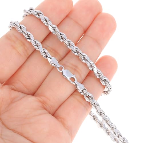 Nuragold 10k Real White Gold 4mm Rope Chain Diamond Cut Bracelet (7"-9") - 7.5"