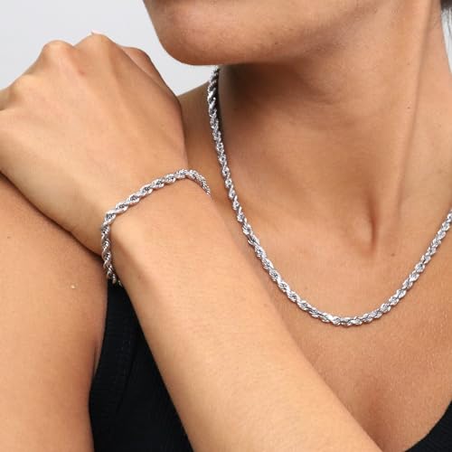 Nuragold 10k Real White Gold 4mm Rope Chain Diamond Cut Bracelet (7"-9") - 7.5"