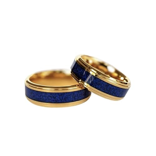 Pillar Styles 8mm Lapis Lazuli Ring 14K Gold Wedding Bands Blue Lapis Tungsten Rings for Men with Step Edges Unique for Him