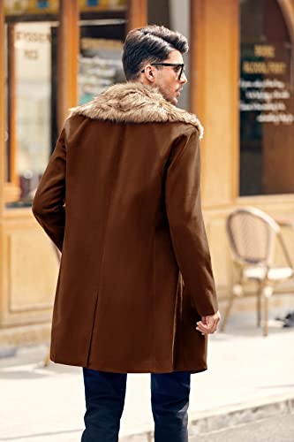 PASLTER Mens Winter Trench Overcoat Removable Faux Fur Collar Top Coat Double Breasted Business Long Pea Coat Brown