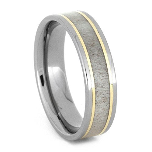 The Men's Jewelry Store (Unisex Jewelry) Deer Antler, 14k Yellow Gold Pinstripe 6mm Comfort-Fit Titanium Wedding Band and Sizing Ring, Size 10.25