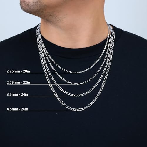 Nuragold 14K Real White Gold Figaro Solid Italian Link Chain Necklace - 24",2.25mm