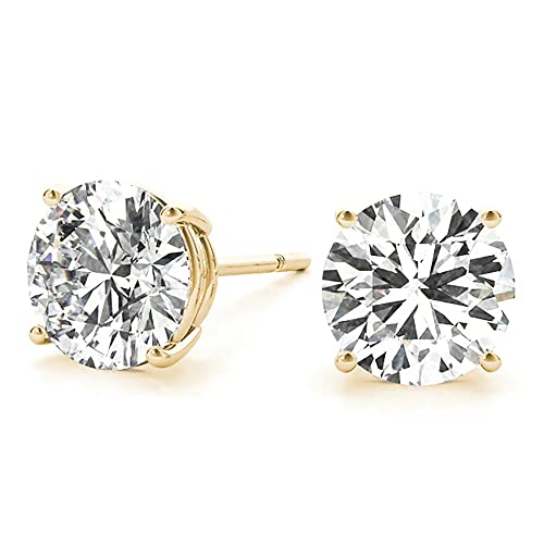 Solid 10k Gold Solitaire Round Moissanite Earring 2 ctw Push Back Stud Earrings for Woman and Man (10k Yellow Gold)