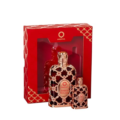 Orientica Luxury Amber Rouge 2 Pc Perfume Gift Set - Notes of Amber Saffron, Jasmine & Orange - Woody, Floral Arabic Perfumes for Women & Men - Perfumes Arabes de Mujer y Hombres