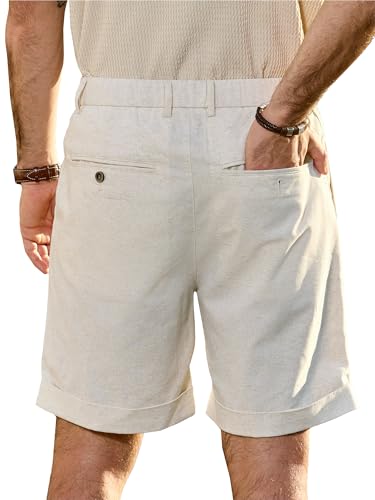 JEMLDL Men's Cotton Linen Shorts 7 Inch Inseam Casual Pleated Summer Vacation Resort Beach Elastic Waist Lightweight Shorts with Pockets Beige X-Large
