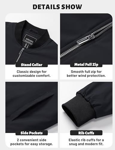 TACVASEN Mens Bomber Jackets Casual Fall Winter Warm Windbreaker Full Zip Windproof Outwear Color-Blocking Coats Black XL