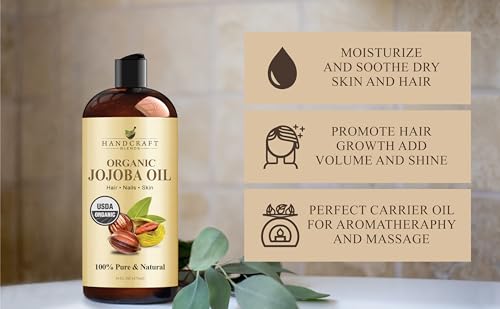 Handcraft Blends USDA Organic Jojoba Oil | Cold-Pressed | 16 Fl Oz | 100% Pure & Natural | for Hair, Skin & Face | Premium Grade Carrier Oil | for Massage & Aromatherapy | Hexane-Free