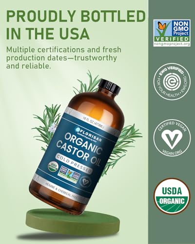 Florisan USDA Certified Organic Castor Oil 16oz Glass Bottle, Cold Pressed, Hexane-Free, Non-GMO, Vegan, 100% Pure Castor Oil for Hair Growth, Skin, Lashes, Eyebrows, EWG Verified