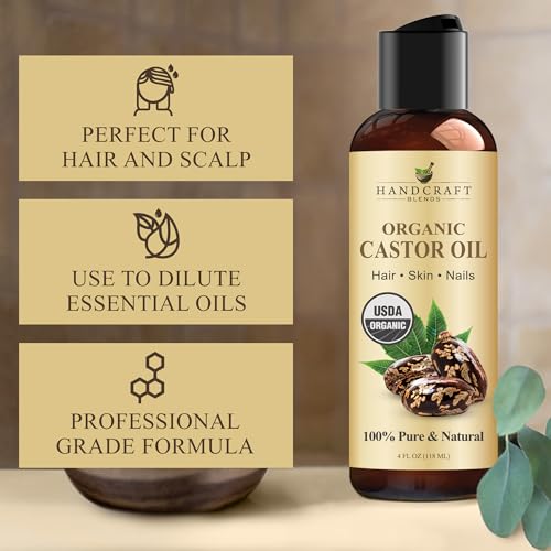 Handcraft Blends Organic Castor Oil 4 Fl Oz | 100% Pure and Natural | Premium Grade Carrier Oil | Hair, Eyelashes and Eyebrows | Hair and Body | Expeller-Pressed | Hexane-Free
